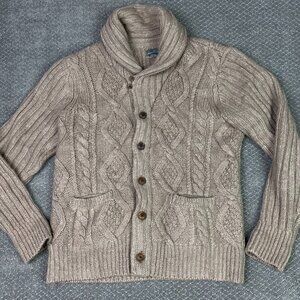 LL Bean Cardigan Sweater Mens Large Brown Heavy Wool Cable Knit Fisherman Chunky